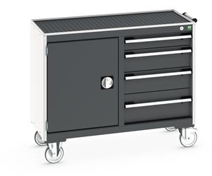 Bott Cubio Mobile Cabinet / Maintenance Trolley measuring 1050mm wide x 525mm deep x 885mm high. Storage comprises of 1 x Cupboard (525mm wide x 600mm high) and 4 x 525mm wide Drawers (1 x 100mm, 2 x 150mm & 1 x 200mm high).... Bott Mobile Storage 1050 x 750